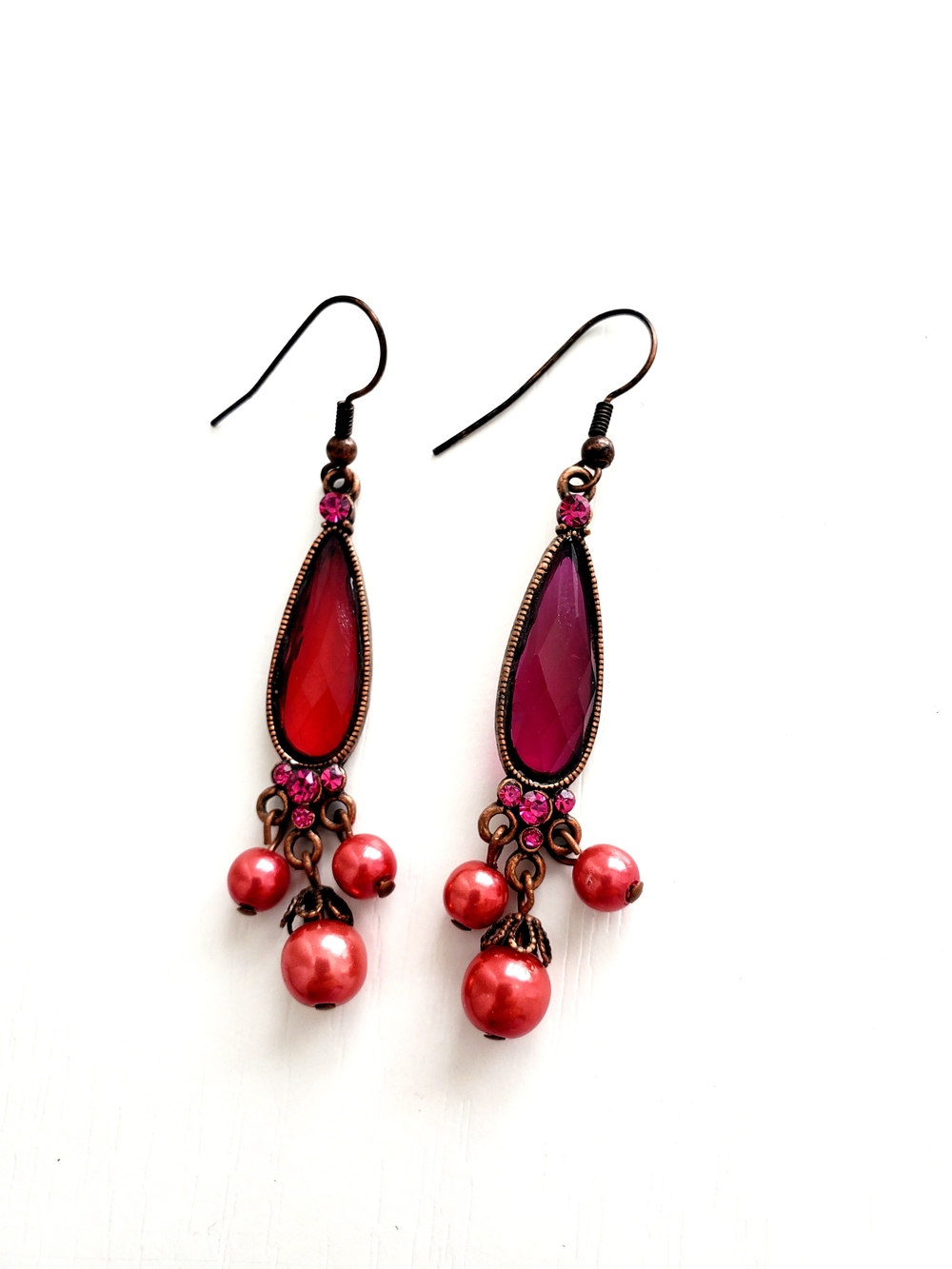 Red Teardrop Dangle Earrings with Pink Pearl Charms